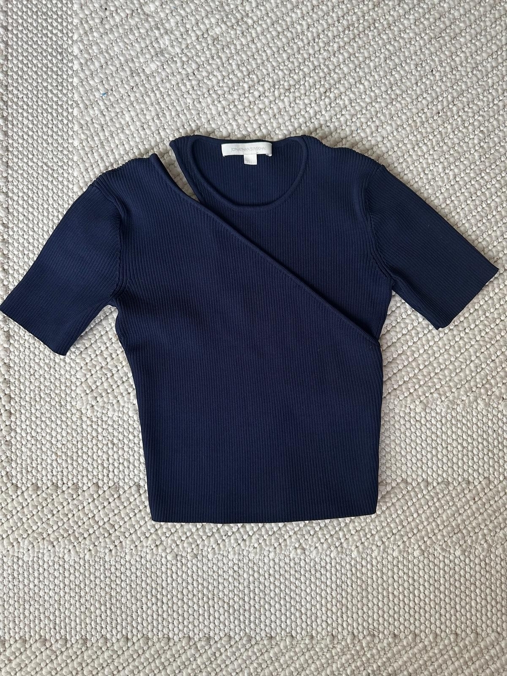 Jonathan Simkhai Navy Ribbed Short Sleeve Asymmetric Top XS